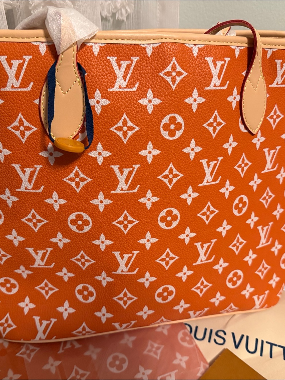 Louis Vuitton Orange and White Monogram Tote